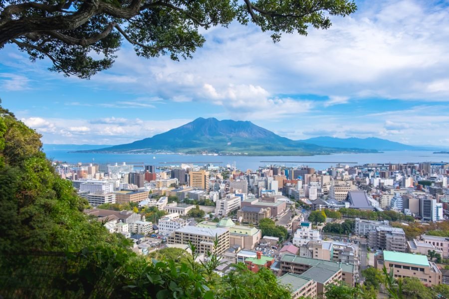 Sakurajima volcano viewed from Kagoshima city waterfront