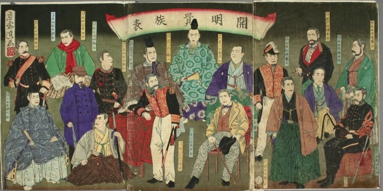 eiji-era Japanese court scene showing traditional nobles and modern military officers during Japan’s transition to modern statehood