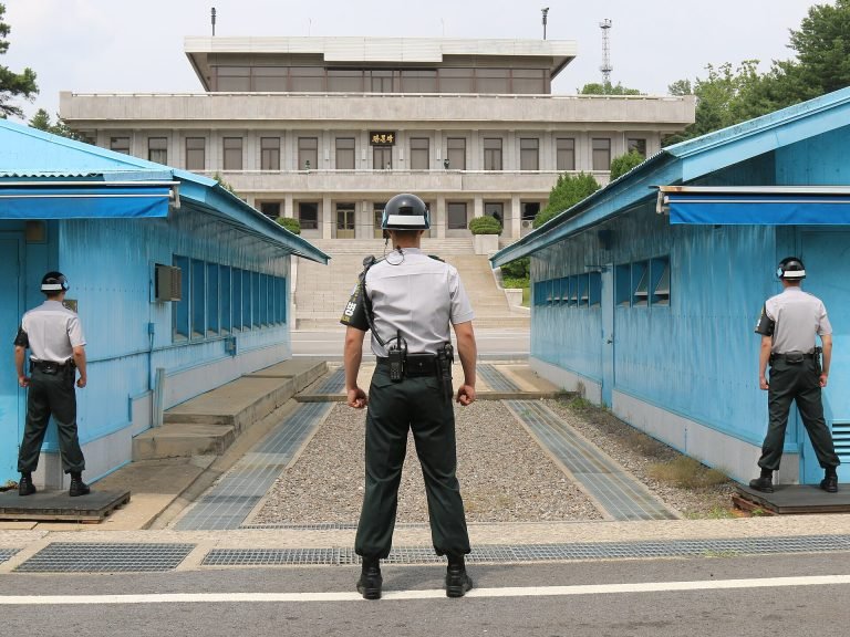 Republic of Korea Army soldiers stand resolute at the iconic Joint Security Area where South and North Korean soldiers stand face to face across the Korean Demilitarized Zone