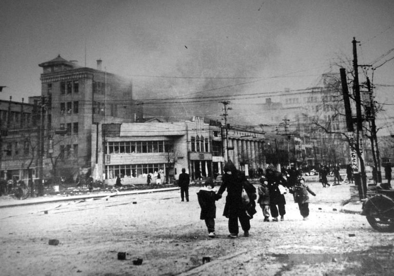 Aftermath of Tokyo firebombing in World War II